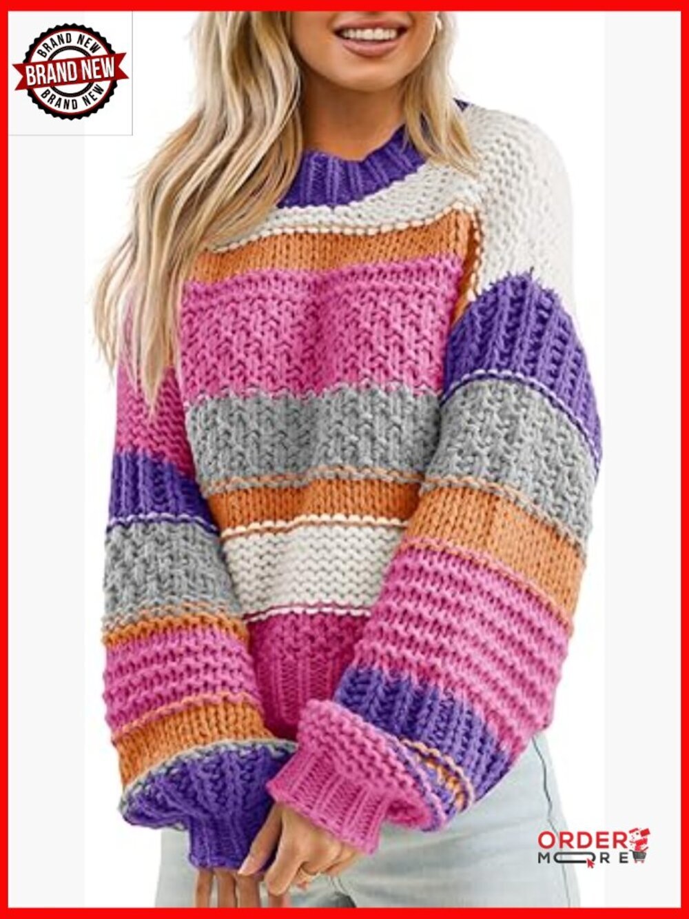 Striped Chunky Knit Cropped Sweater Crewneck Loose Fit Pullover